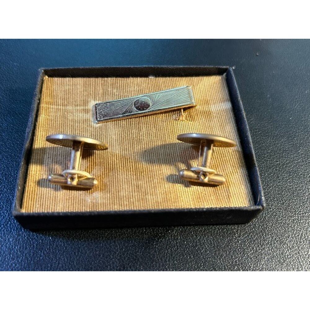 Vintage Gold Tone Sunburst Cufflinks & Tie Clip Set 3 Piece Boxed Mid Century - Picture 3 of 5